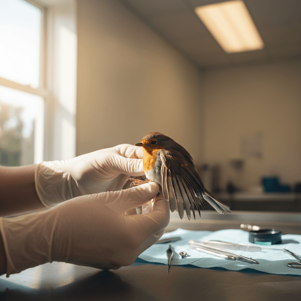 Team member examining an injured bird during rehabilitation