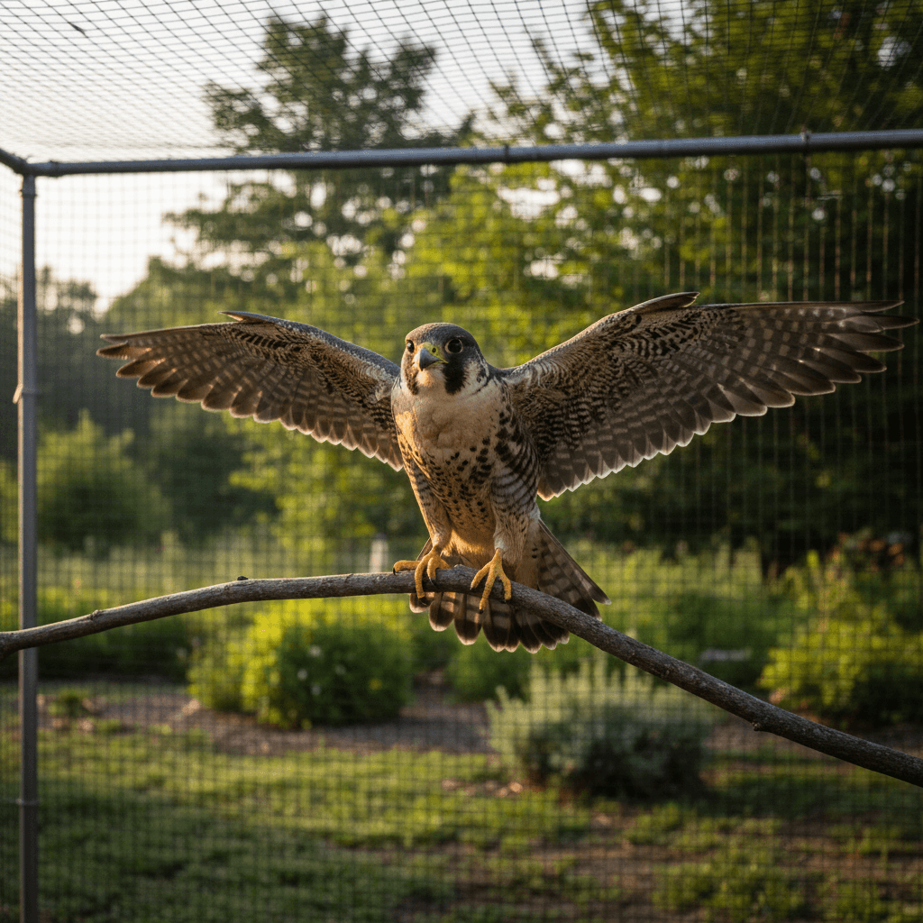 Rehabilitated bird in outdoor flight enclosure preparing for release